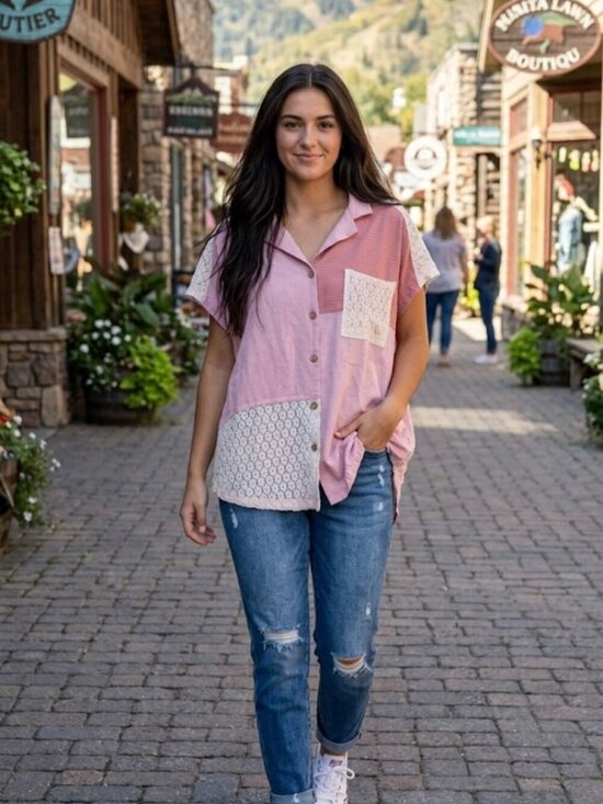 Oli & Hali Tops - Oli & Hali Pink Patchwork Lace Linen Blend Oversized Top with Pockets Size L